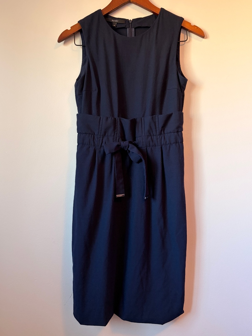 Gucci Wool Navy Blue Silk Blend Belted Smocked Waist Dress IT 38 US 2 X-Small XS